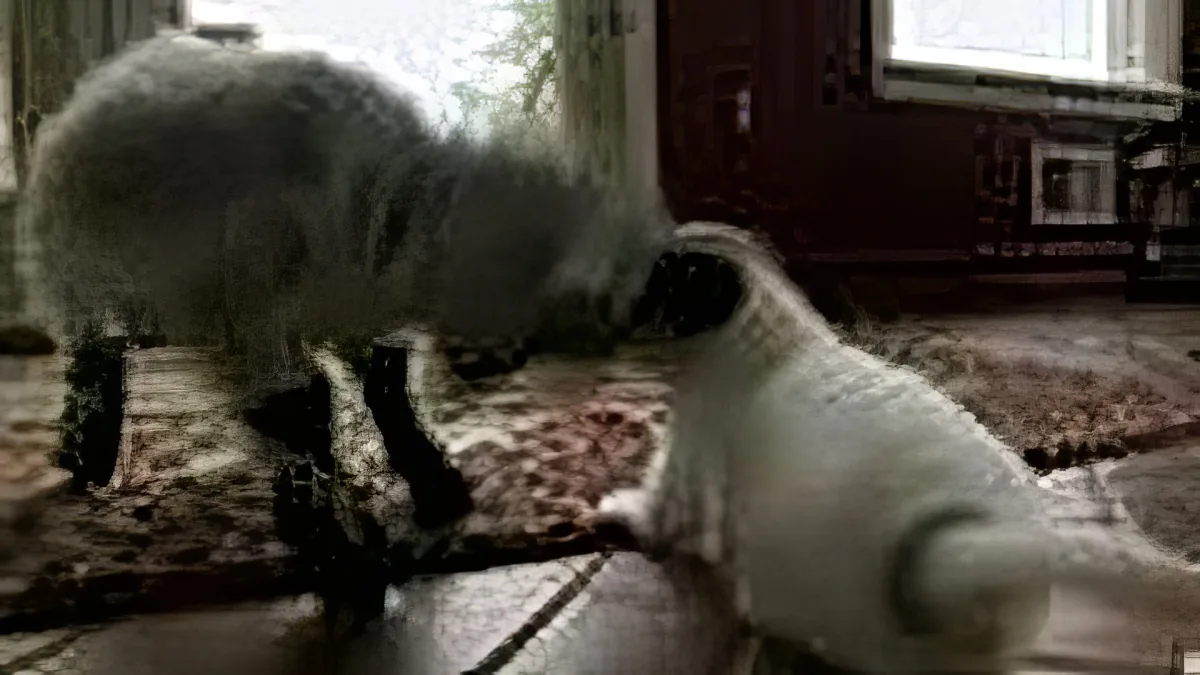 A cat and a dog are interacting on a carpeted floor, with the dog appearing to sniff or nuzzle the cat.