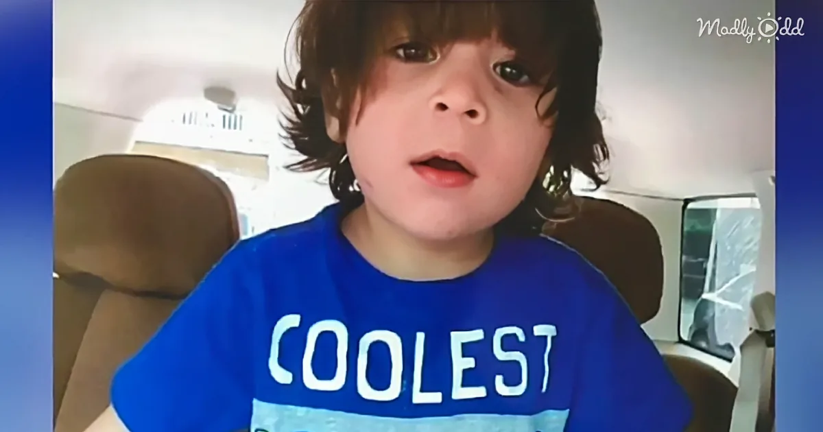 A child in a blue "COOLEST" shirt sits in a car, looking directly at the camera.