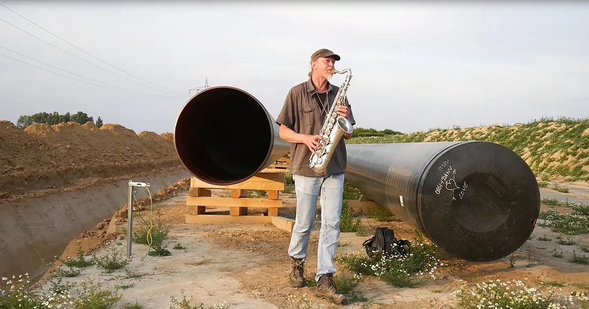 Saxophonist Plays Into Huge Piece of Pipeline Giving Echo in Perfect Pitch