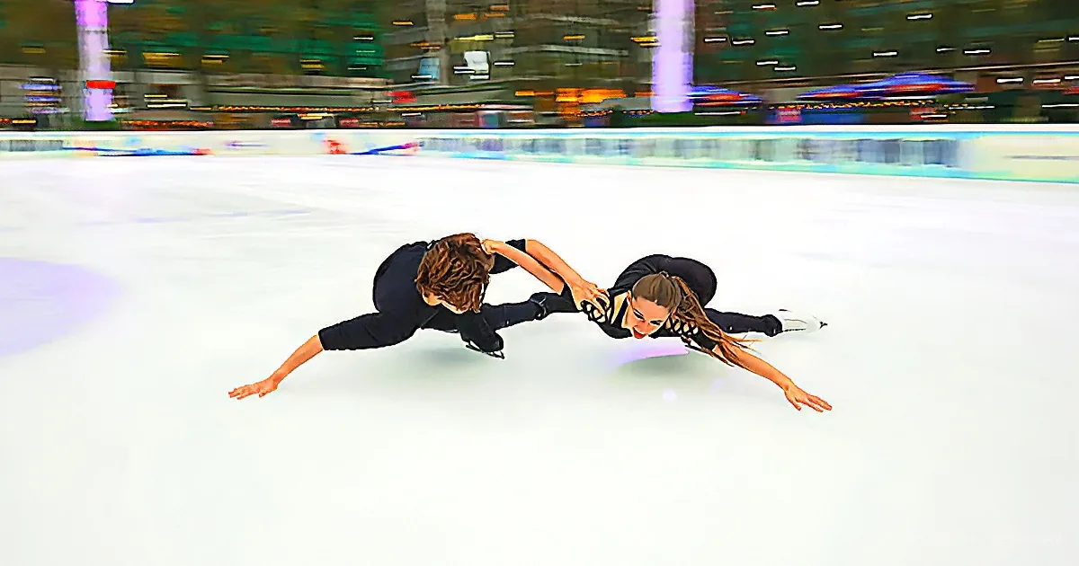 Two figure skaters in black outfits perform a synchronized move on an ice rink.