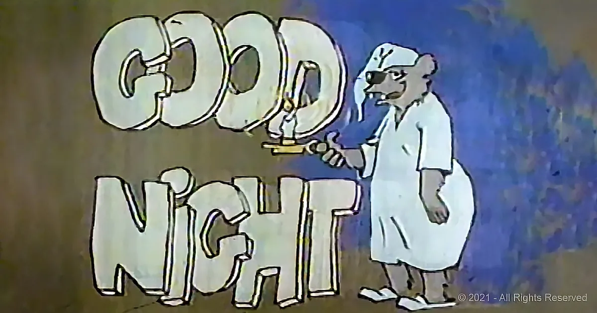 A cartoon bear in a white lab coat holds a trophy, with "GOOD NIGHT" text above.