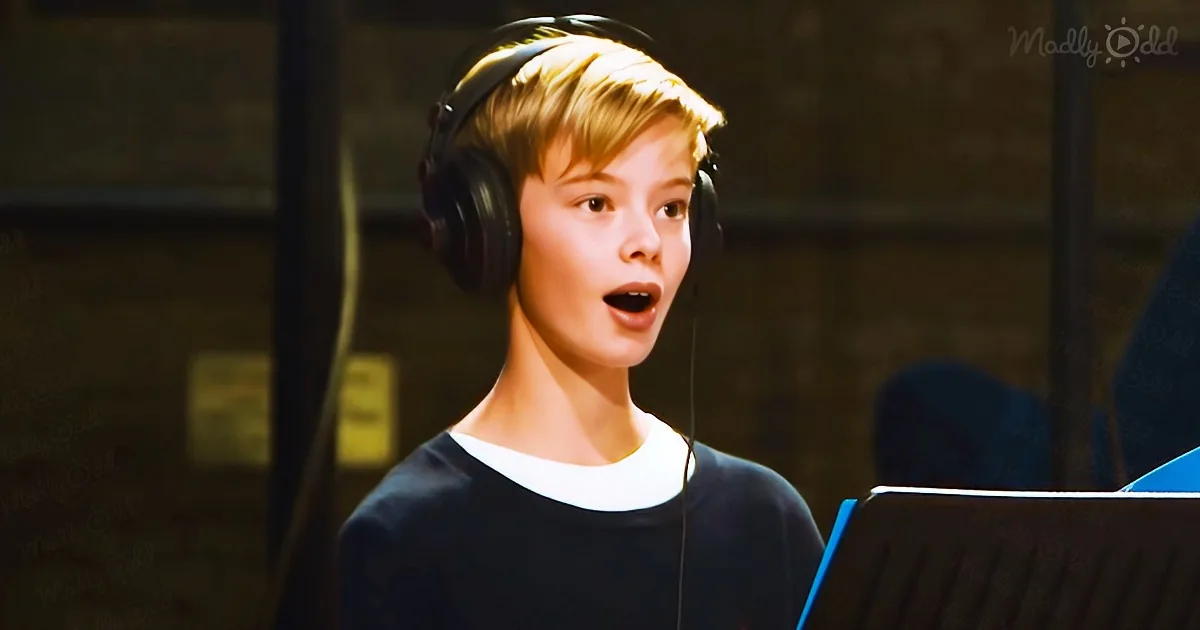 A young boy wearing headphones sings passionately while holding a music stand.