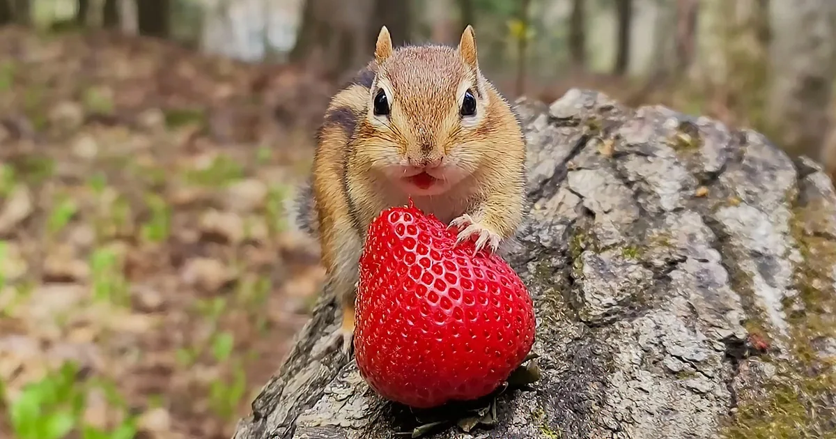 Adorable Chipmunks Enjoy Eating Juicy Strawberries in Their Forest Sanctuary