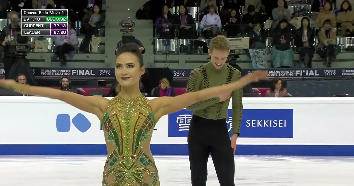 A figure skating couple in synchronized pose, man in green, woman in gold, on ice.
