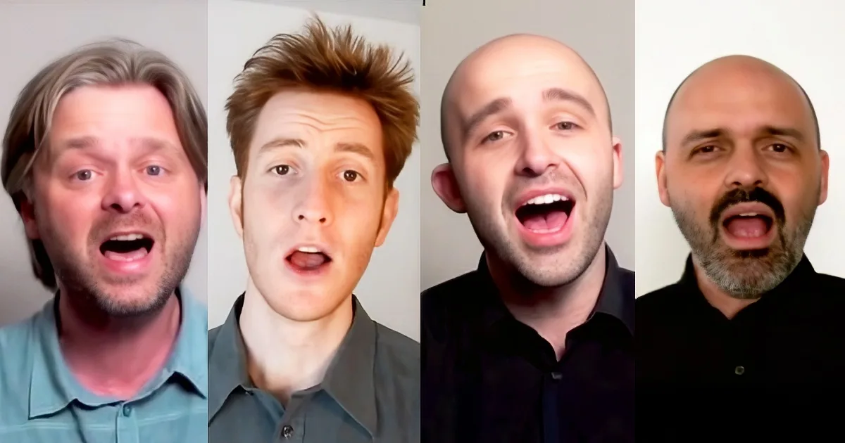 Four men with different expressions and hair styles are shown in separate panels.