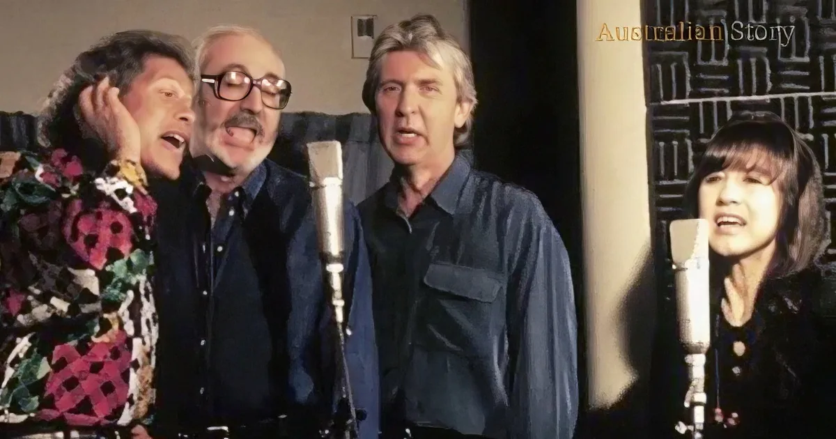 Four individuals singing into microphones, dressed in varied attire, in a recording studio setting.