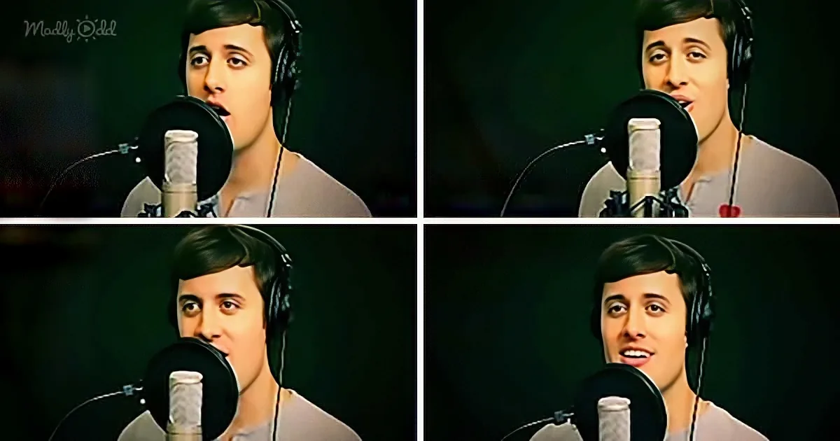 A person wearing headphones sings into a microphone in four different poses.