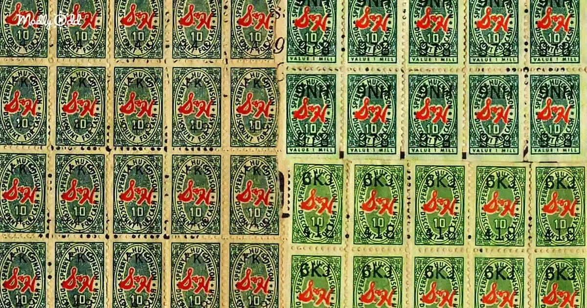 A grid of vintage green stamps with "S&H" and "10 CASH" printed on them.