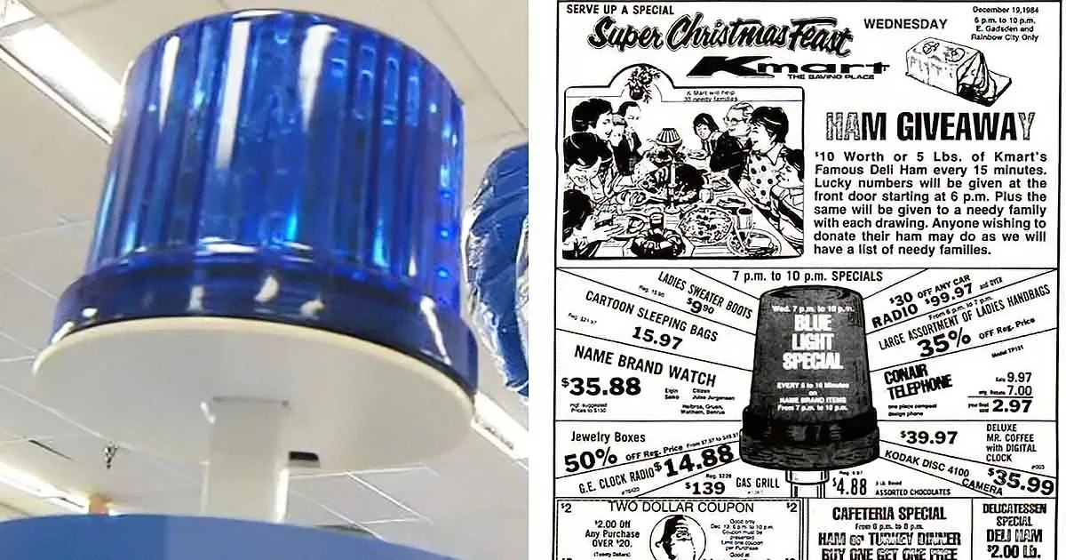 A blue emergency light and a Kmart flyer advertising a Christmas sale and ham giveaway.