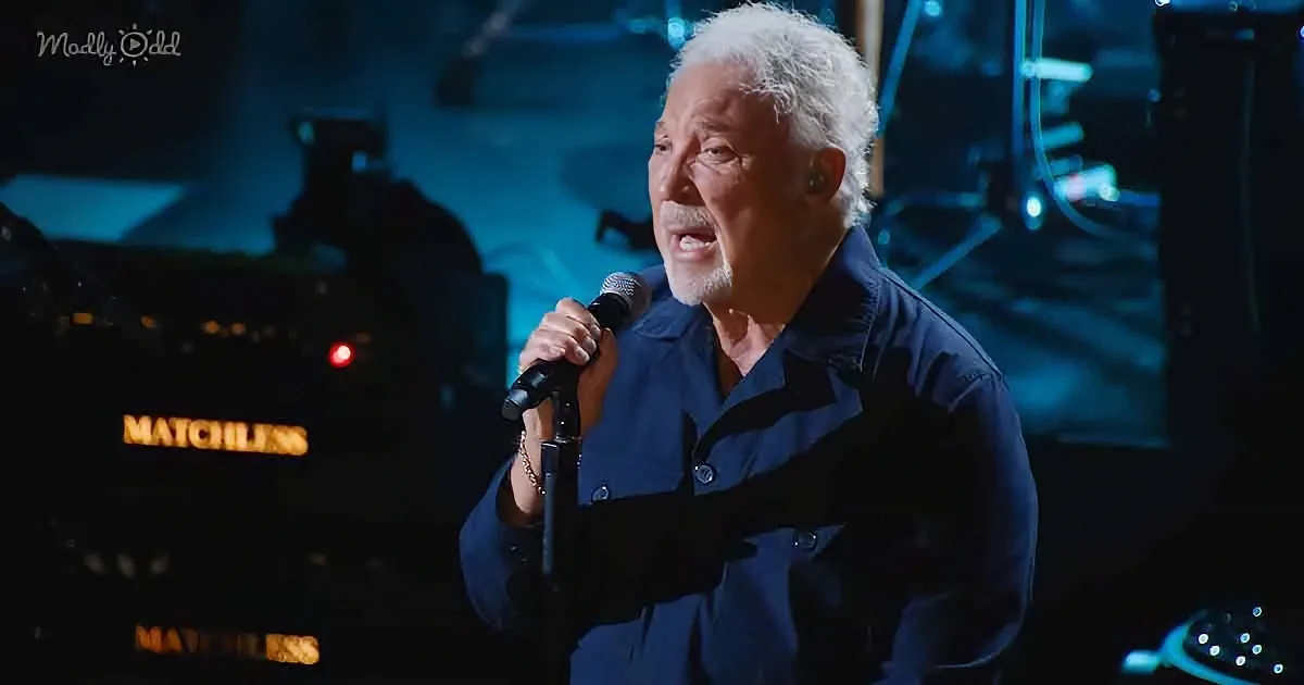An older man with white hair and a beard sings into a microphone on stage.