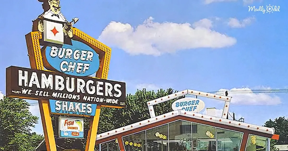 A vintage Burger Chef sign advertises hamburgers and shakes, with a retro diner in the background.