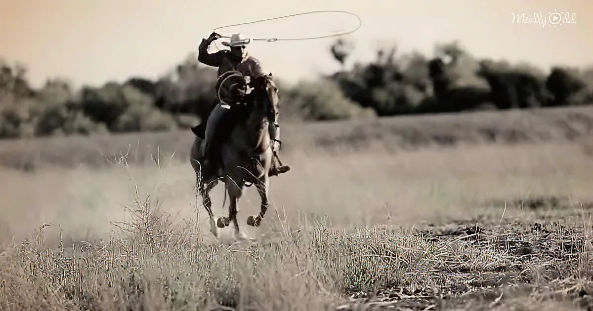 A cowboy on horseback throws a lasso in a field with dry grass and trees in the background.