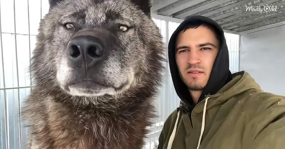 A large, fluffy wolf stands next to a person in a green jacket and hoodie.
