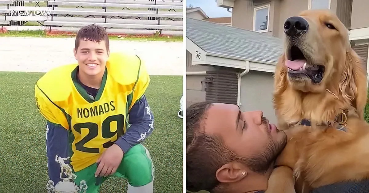 A young man in a football uniform and a man with a golden retriever in front of a house.