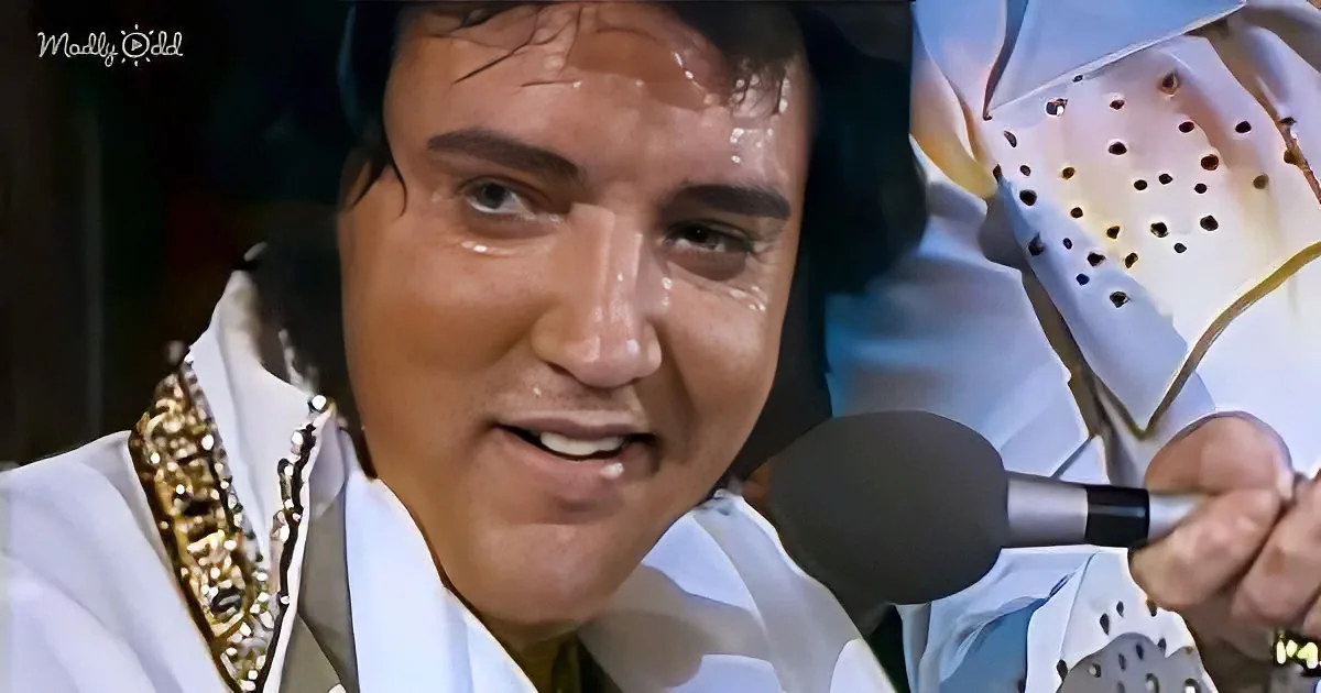 Elvis Presley in a white suit, holding a microphone, with a close-up of his face and hand.
