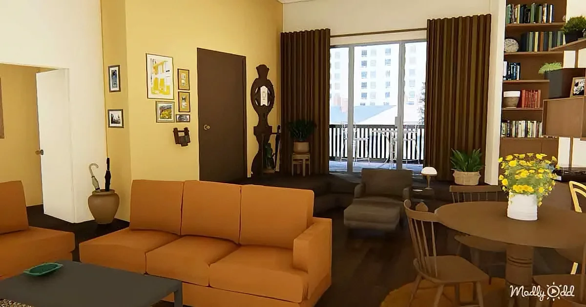A cozy living room with a mustard yellow sofa, dark curtains, and a view of a balcony with a cityscape.
