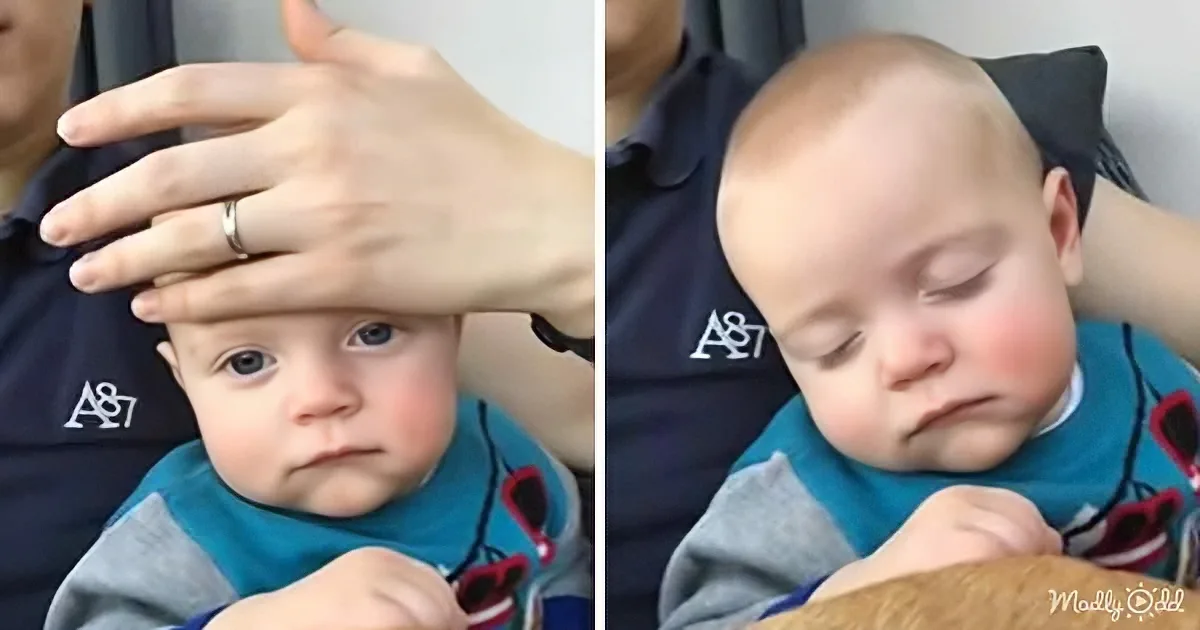 A baby in a blue bib is being held and gently touched on the head by an adult's hand.