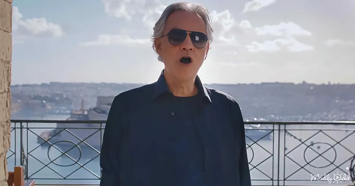 A man in sunglasses and a dark shirt stands on a balcony overlooking a scenic view of a city and water.