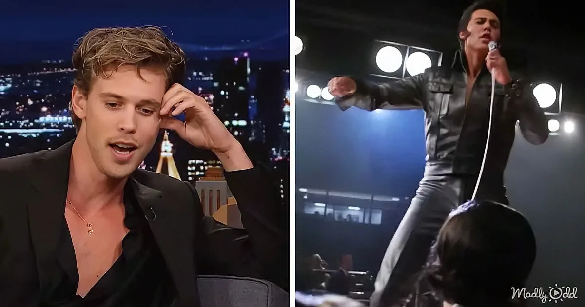 A man in a black suit on a talk show and another man in a leather outfit performing on stage.