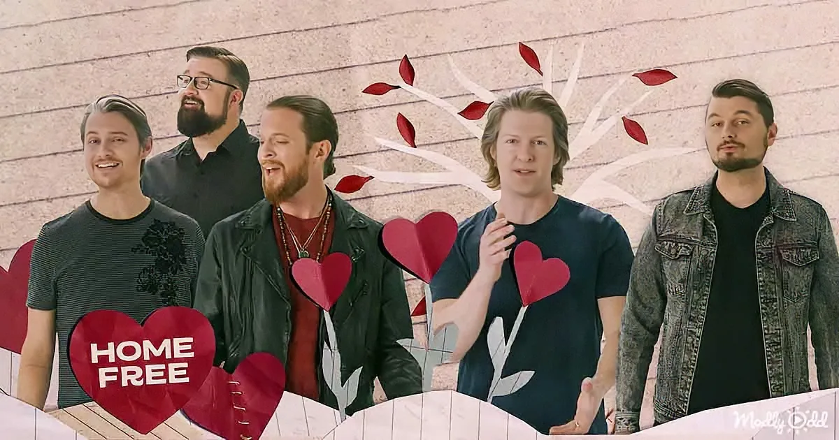 A group of five men, Home Free, stands together with hearts and leaves, suggesting love and unity.