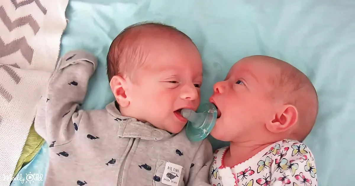 Two newborn babies, one in a whale onesie, the other in a butterfly onesie, are lying on a blue blanket, interacting...