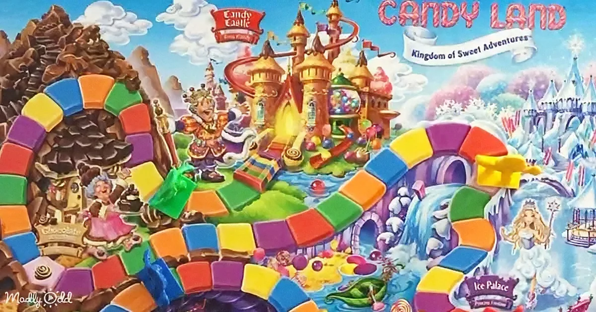 Candy Land board game with colorful paths, castles, and characters in a whimsical, sweet kingdom setting.