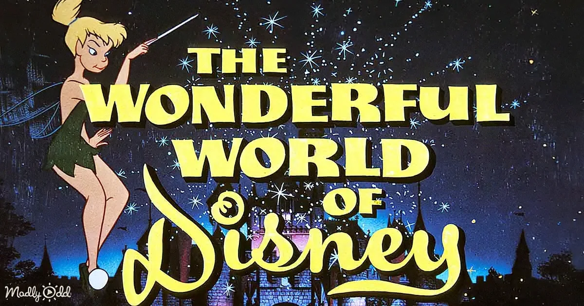 Tinker Bell waves her wand in front of a castle with "The Wonderful World of Disney" text.