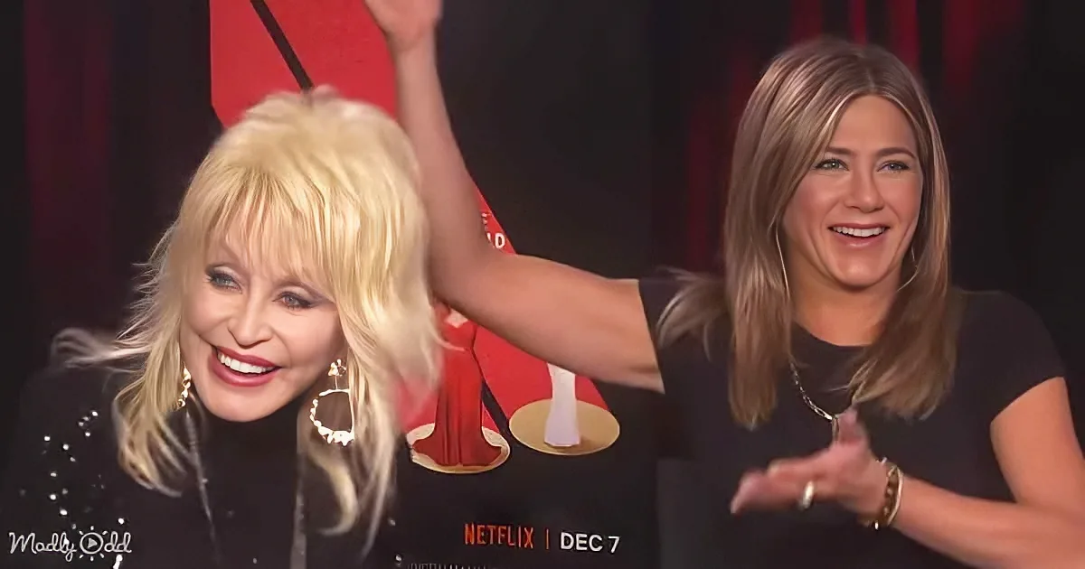 Dolly Parton and Jennifer Aniston are smiling, with Dolly raising her arm in a celebratory gesture.