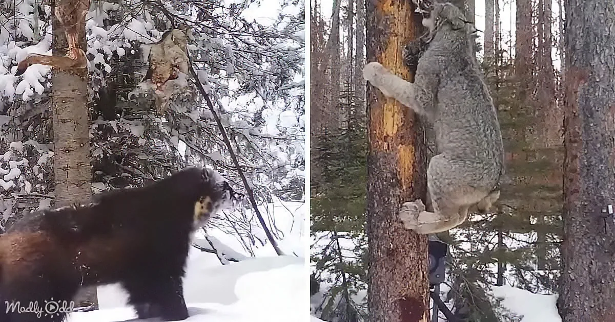 A koala climbs a tree in a snowy forest, while a bear watches from the ground.