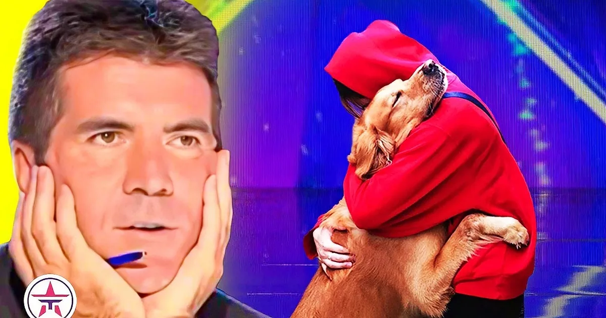 A dog in a suit and glasses holds a red button, appearing to be on a game show set.