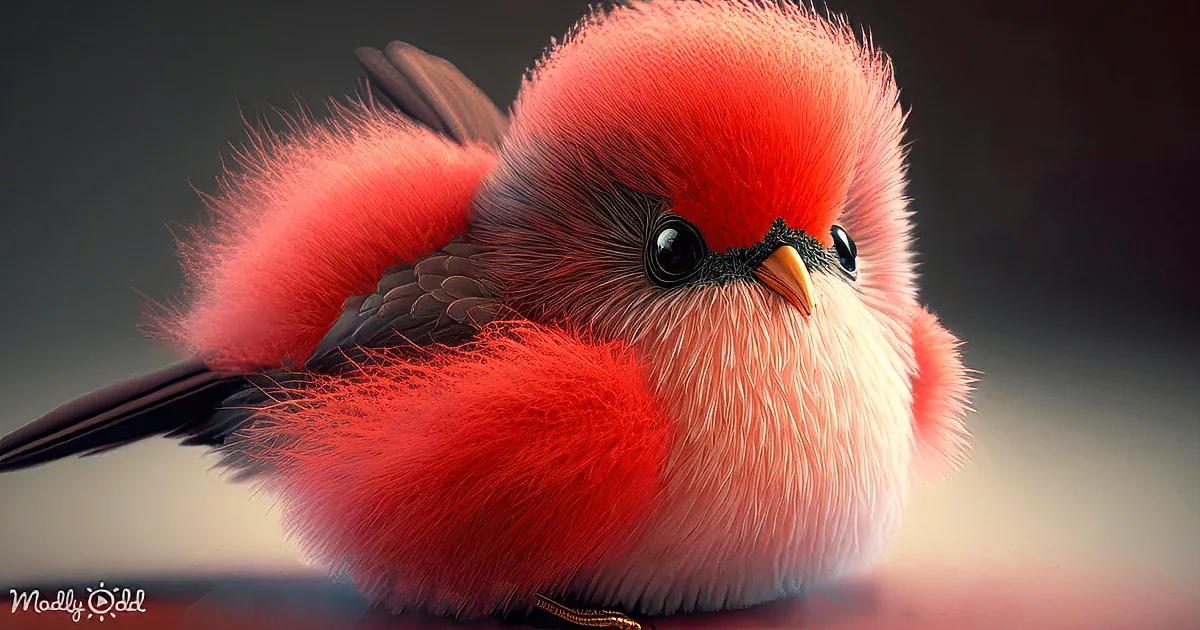 A fluffy, red bird with a white belly and black beak is perched on a surface.