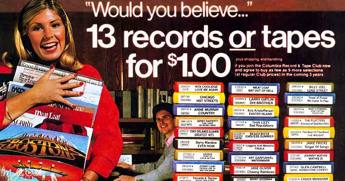 Woman holding records, man behind stack of tapes, advertisement for Columbia Record & Tape Club.
