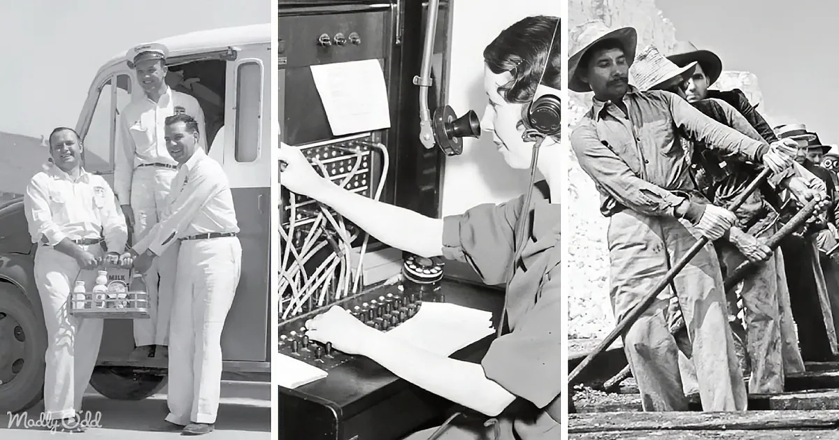 A milkman delivers bottles, a woman operates a switchboard, and workers dig in a construction site.