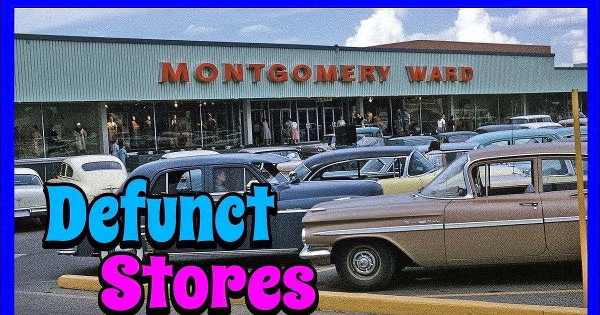 Four vintage storefronts: Kmart, Halls, Montgomery Ward, and a record store with a crowd.