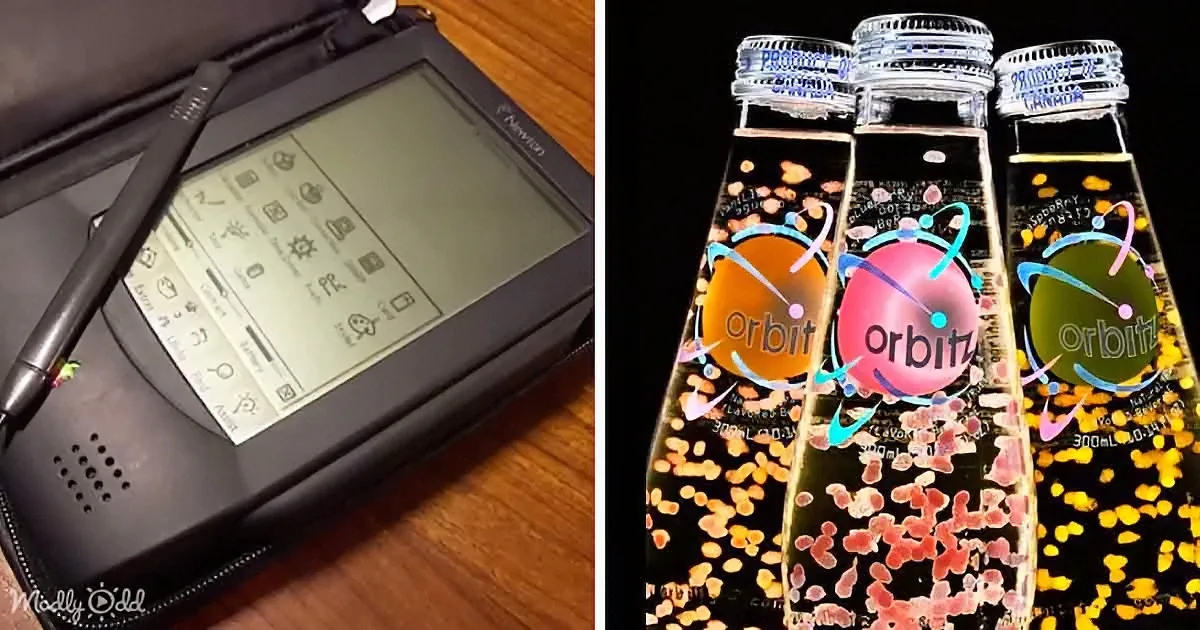 An old Newton PDA with stylus and a modern Orbitz drink with colorful gummies inside.