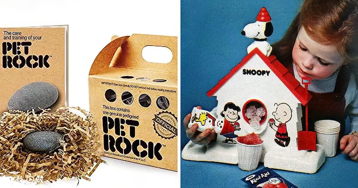 Left: Pet Rock packaging with rocks and care guide. Right: Child playing with Snoopy birdhouse toy.