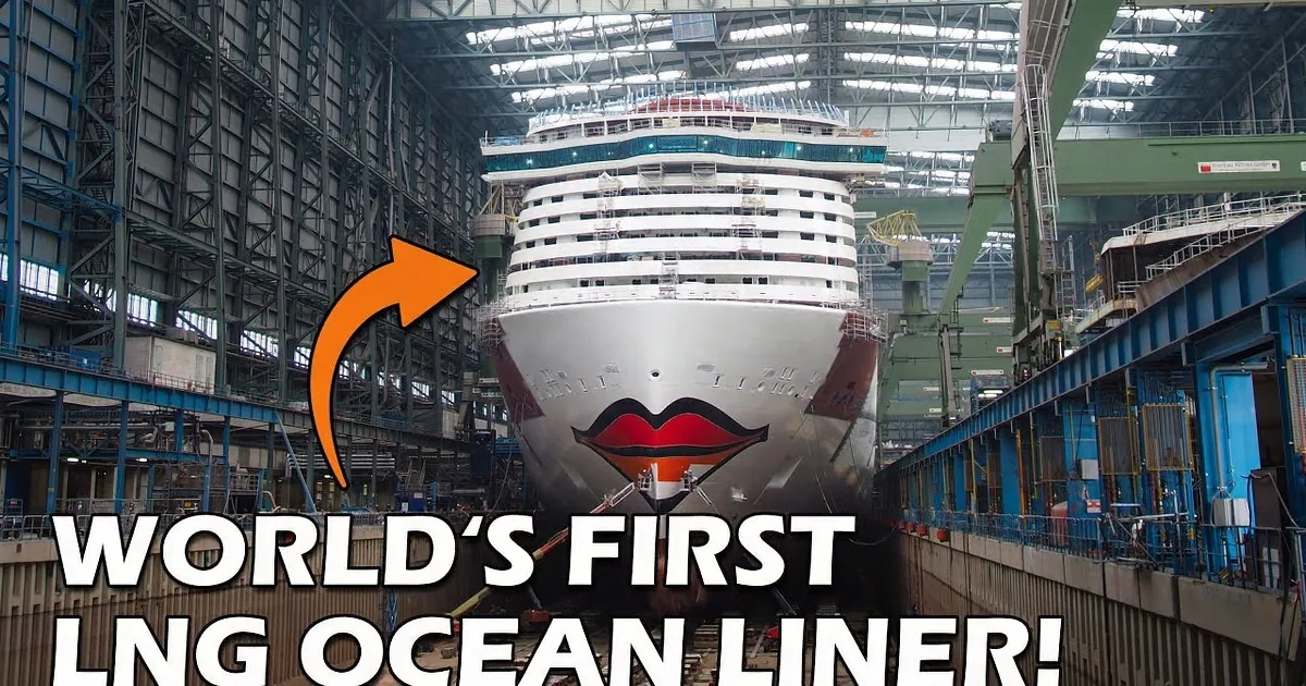 A cruise ship with a red lip design is docked inside a large industrial shipyard.