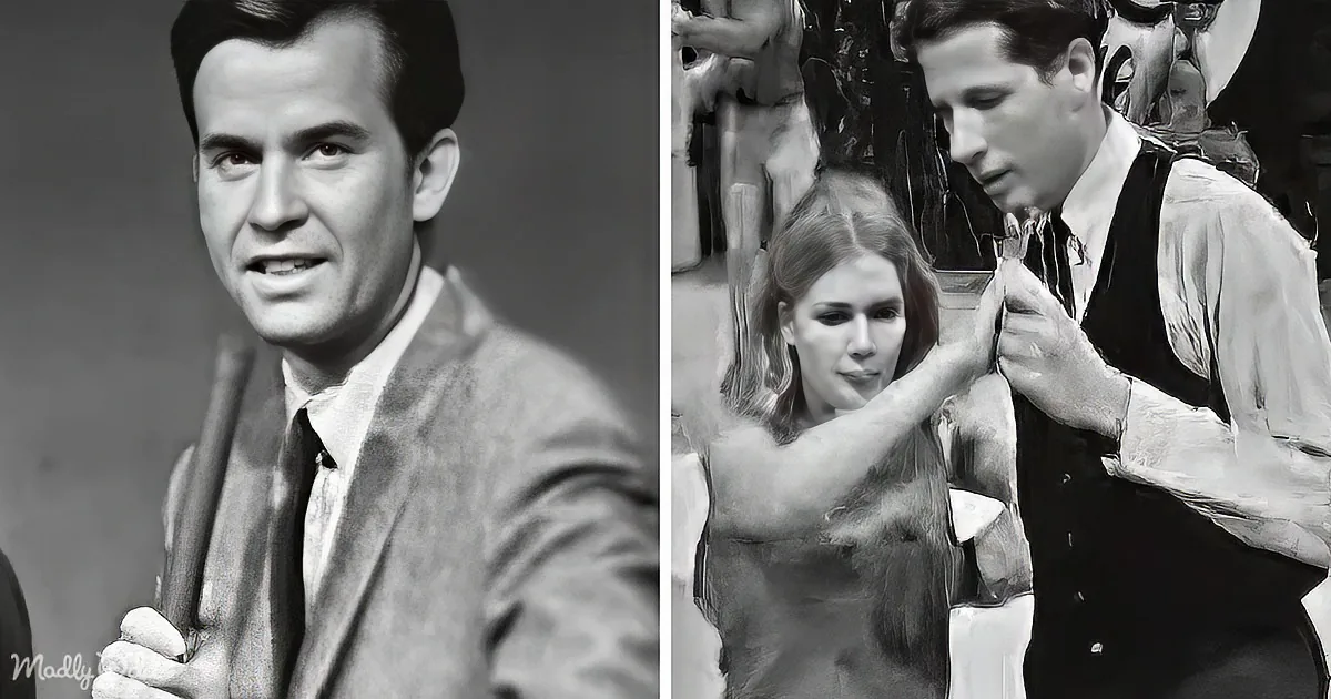 A man in a suit holds a stick, smiling, while another scene shows a man in a vest and tie adjusting a woman's dress.