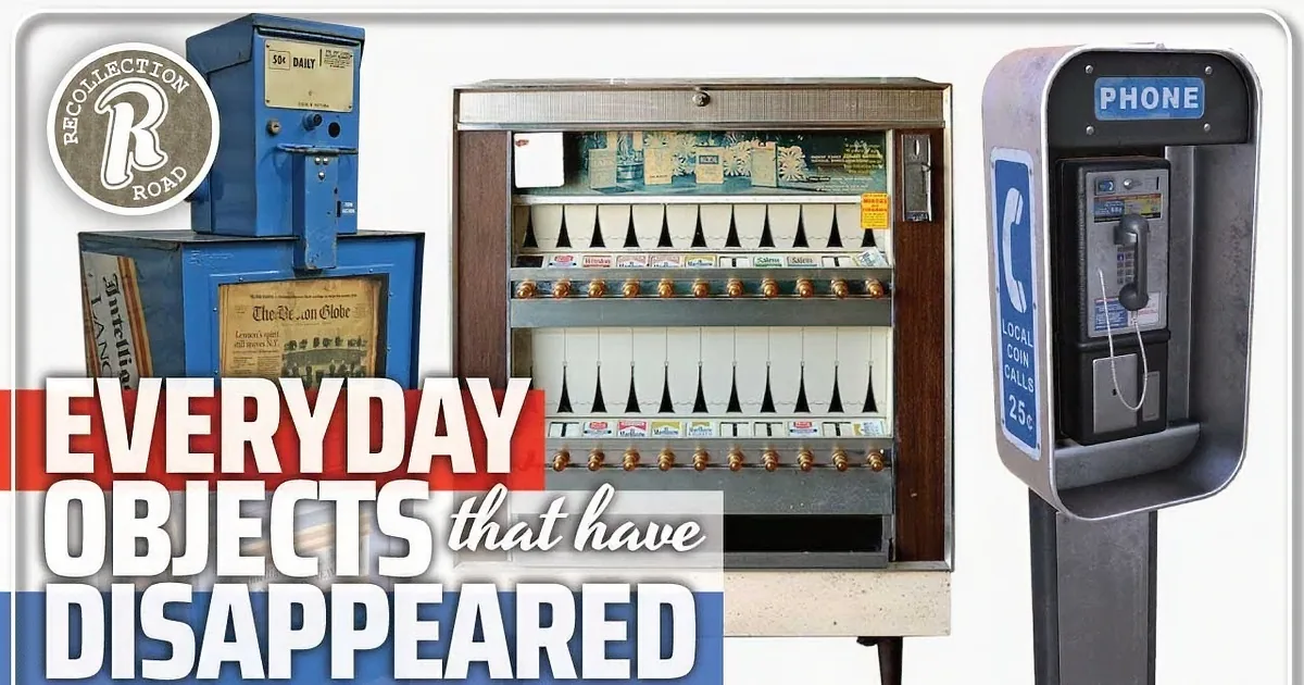 A vintage phone booth, modern newspaper stand, and film roll are juxtaposed in this collage.