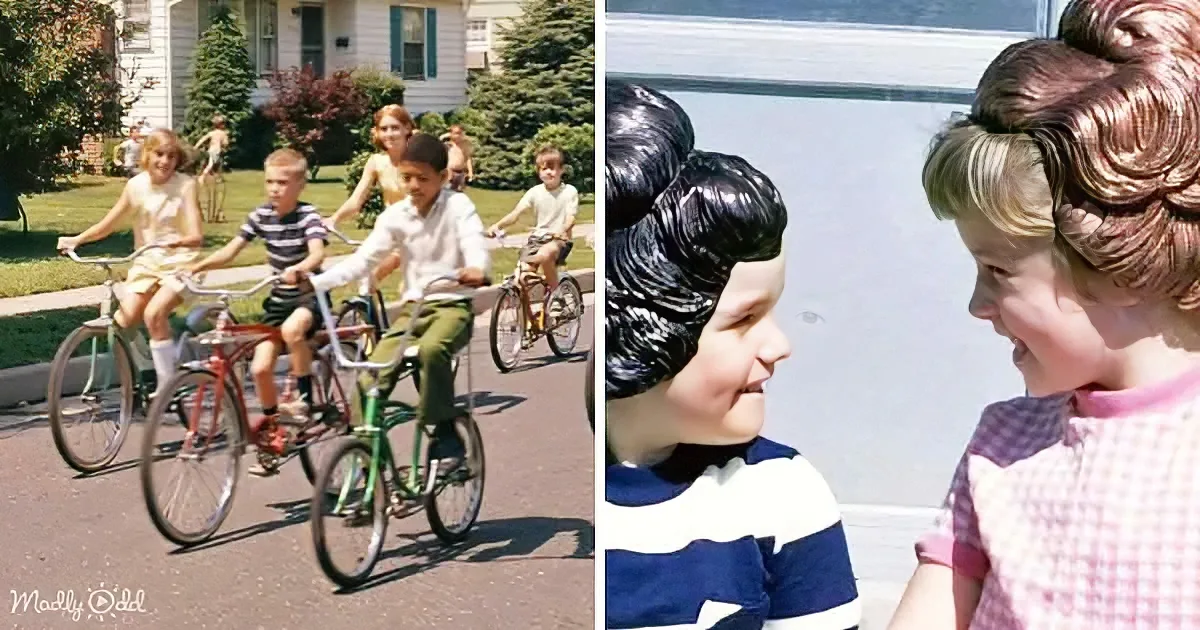 Children riding bicycles and playing with wigs in a suburban neighborhood.