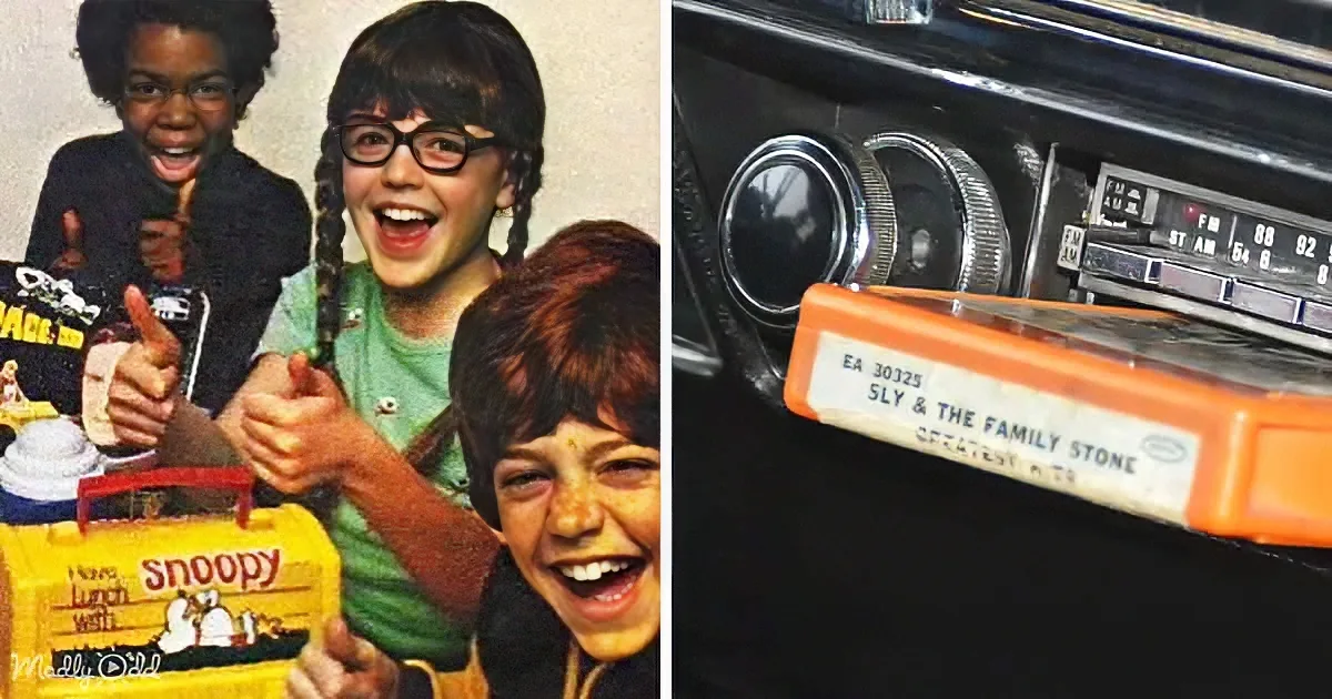 Children excitedly hold a Snoopy lunchbox, while a vintage car radio plays Sly & The Family Stone's Greatest Hits.