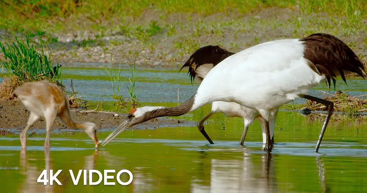 A red-crowned crane stands in shallow water, its reflection visible, while another crane and a bird with a black head and...