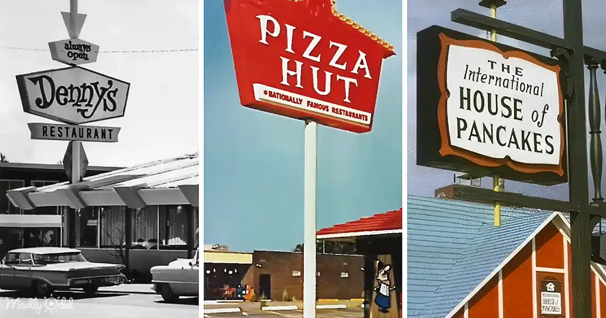 Vintage signs for Denny's, Pizza Hut, and The International House of Pancakes.