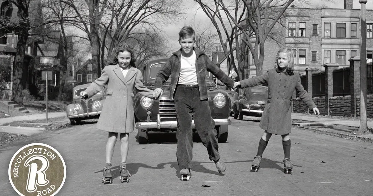 Three children roller skating together on a sunny street, holding hands, with vintage cars and houses in the background.