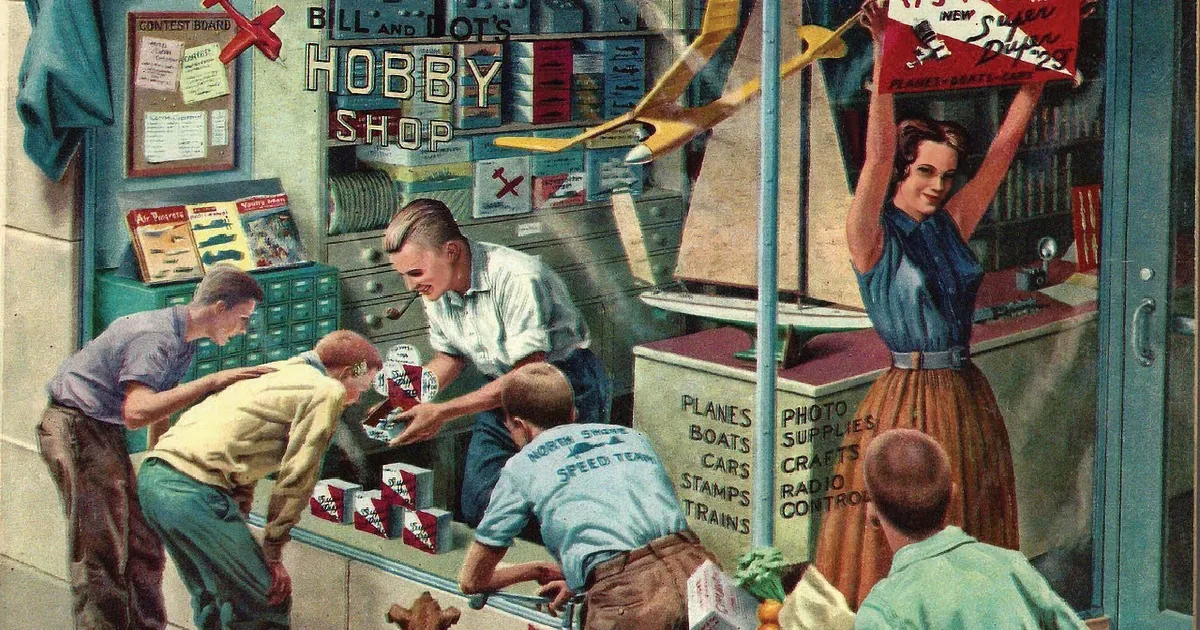 A vintage hobby shop scene with customers browsing and a store sign reading "Reginald Denny's Hobby Shop."