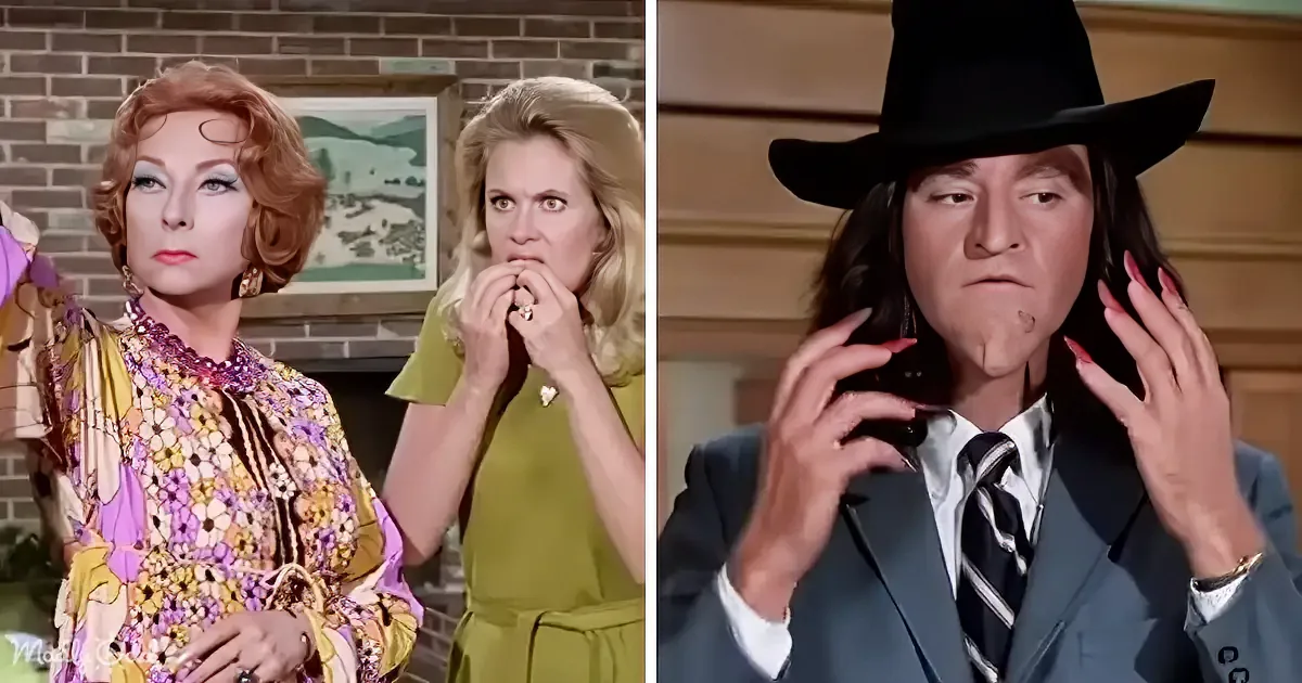 A woman in a floral dress and another in a green dress are surprised, while a man in a suit and cowboy hat adjusts his hat.