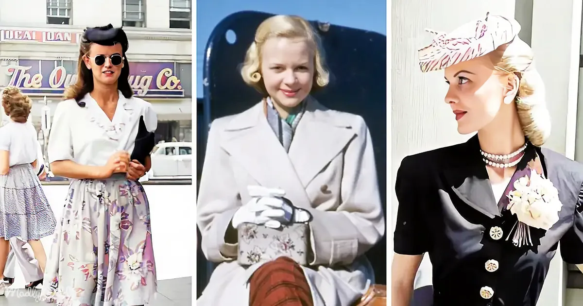 Three women in vintage attire, each in a different setting and outfit, showcasing mid-20th-century fashion.