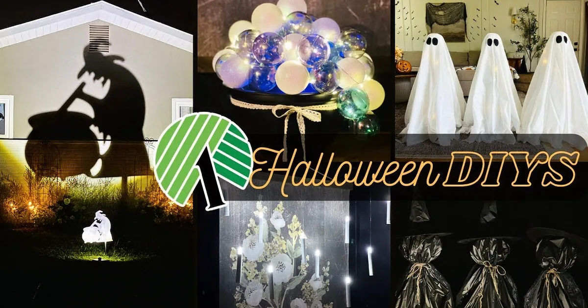 Two ghostly figures, a glowing orb centerpiece, and a witch silhouette light up a Halloween-themed display.