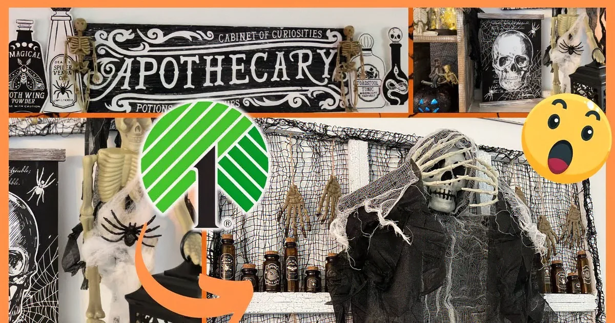 A skeleton figure stands amidst Halloween decorations, including a skull poster, spider webs, and lanterns.