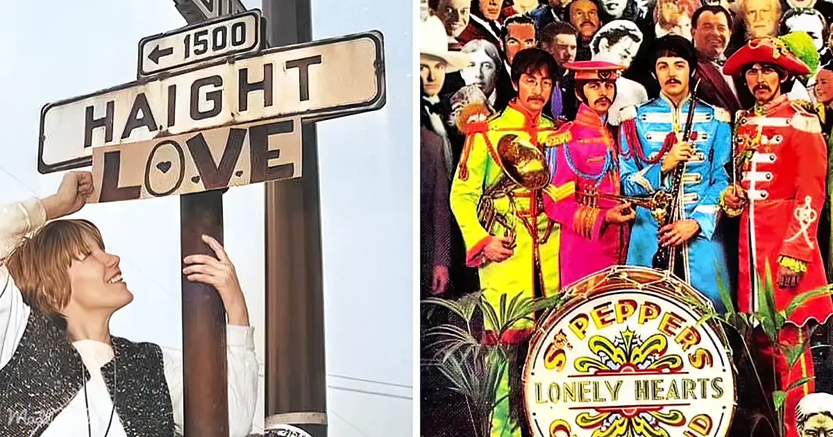 A person holds a sign saying "HAIGHT LOVE" near a street sign, juxtaposed with a Beatles album cover.